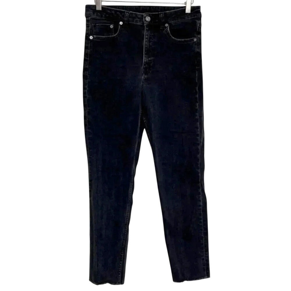 H&M Divided Skinny Jeans 10 Black High Waisted Raw Hem Stretch Denim